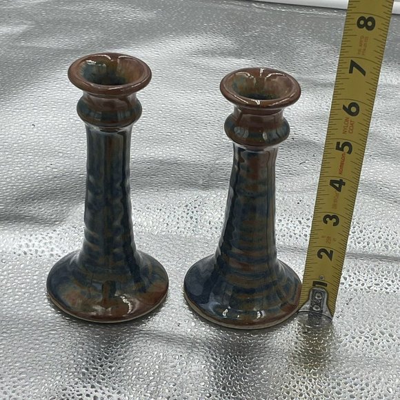 Studio Pottery Pair Of Candlestick Holder Drip Glaze Blue Brown Artist Signed 6” - Picture 7 of 8